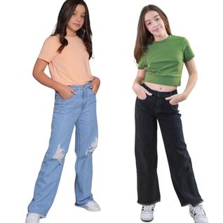 Kit 2 Calças Jeans Infantil Wide Leg Pantalona Menina
