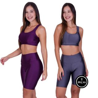 Kit 2 Conjunto Top com Bojo e Bermuda Fitness 3D - C12 KIT 2 CONJUNTO BRUNA ROXO CINZA