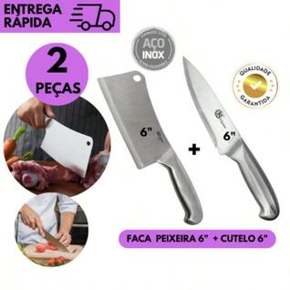 Kit 2 - Cutelo Inox Inteiriço + Faca Peixeira Inox 6 Polegadas Profissional Cozinha Churra