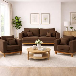 Kit 2 Poltronas Living + Sofá 2 Lugares Base Madeira Suede
