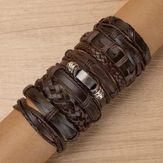 Kit 2 Pulseiras Estilo Tribal em Couro PU  Vintage, Punk e Hip-Hop Ajustáveis