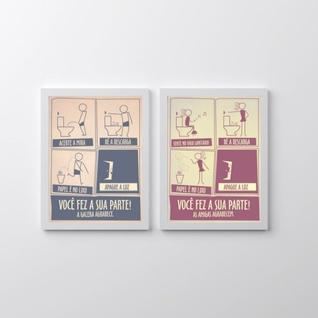 Kit 2 Quadros Instruções Para Banheiro - Masculino e Feminino 33x24cm