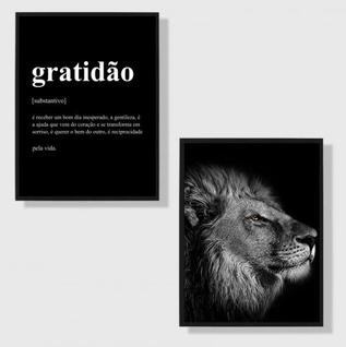 Kit 2 Quadros Leão Gratidão Significado 33x24cm