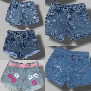 Kit 2 Shorts Jeans Stitch/Brilho/Estampada Menina Infantil e Juvenil com Regulagem no Cós