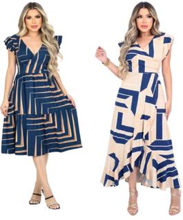 Kit 2 Vestido Feminino Longo/Midi Decote V Amarração Cintura Fenda Frontal Malha Viscolycr