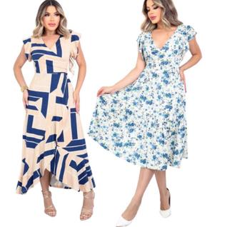 Kit 2 Vestido Feminino Longo/Midi Decote V Fenda Frontal Amarração Cintura Malha Viscolycr