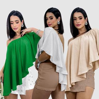 Kit 3 Blusa Top Cropped Soltinho Um Ombro Só Verão Premium