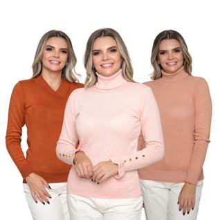 Kit 3 Blusas Feminina de Tricot Manga Longa Tendência Frio 2024