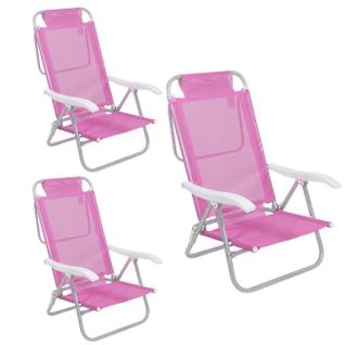 Kit 3 Cadeira Reclinável Sunny 6 Posições Em Alumíno Para Praia Piscina Camping Rosa - 063
