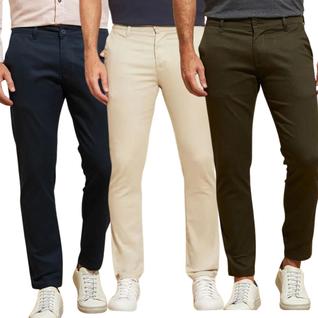 Kit 3 Calças FMF de Sarja Chino Com Bolso Traseiro Embutido Alfaiataria Skinny