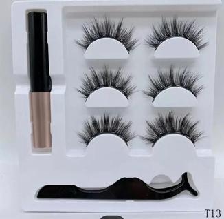 KIT 3 Cilios Magneticos Posticos Com 5 Imãs 3 Par Delineado r-Cílios + Pinça Curva + Delin