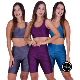 Kit 3 Conjunto Fitness Top Bojo Removível Bermuda Cintura Alta 3D -c12 KIT 3 BRUNA CINZA R