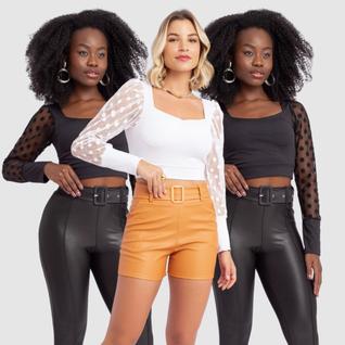 Kit 3 Cropped Top Feminino Canelado Manga Longa Poa Atacado Lançamento Verão Chique