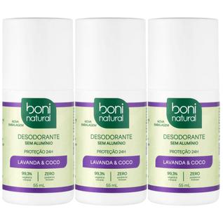 Kit 3 Desodorante Boni Natural Roll-On Natural Coco E Magnésio Vegano Lavanda 24Hrs Proteç