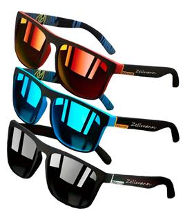 Kit 3 Óculos de Sol Masculino Square Polarizado Preto Vermelho e Azul  Zellmann