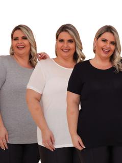 Kit 3 Peças - Camiseta Feminina Plus Size Lisa Básica Dia a Dia Toque Macio