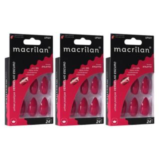 Kit 3 Unhas Postiças Stiletto Vermelho Escuro UP501 - Macrilan