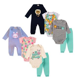 Kit 4 peças Roupa Bebê Body Longo Curto Macacão botão de pressão Mijão com punhos, Menino 