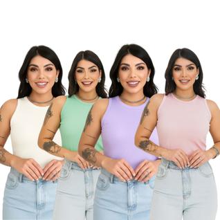 Kit 4 Regata Canelada Ribana Básica Blusinha Moda Gringa Feminina Tendência Verão Sem Mang