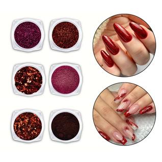 Kit 6 Glitter Pó Cromado Metalizado Unhas de Gel Vermelho