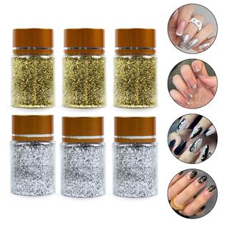 Kit 6 Potes Folhas de Ouro Picada 3 Prata 3 Dourado Unhas Decoradas Manicure Nail Art Nail