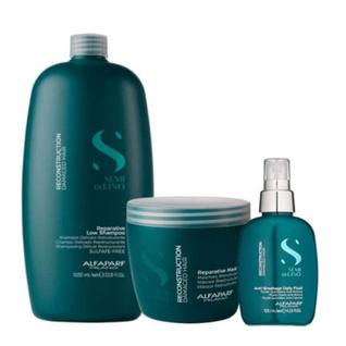 Kit Alfaparf Semi Di Lino Reconstruction Shampoo 1L Máscara 500ml Fluido 125ml Cabelos Sem