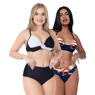 Kit Biquínis Feminino Hot Pant Bicolor Cós Alto Bojo Fixo