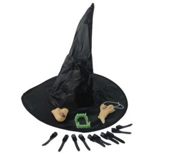Kit Bruxa Fantasia Chapéu Nariz Unha Queixo Dentadura Halloween Carnaval