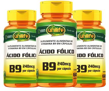 Kit C/3 Ácido Fólico Vitamina B9 240mcg 60 Cápsulas Unilife