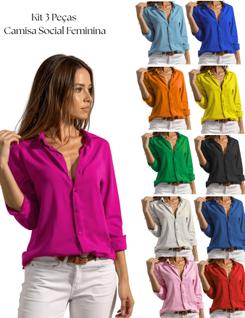 Kit Camisas Feminina Alfaiataria Premium Linho Economico 3 Peças Exclusivas Luxo Lisas Man