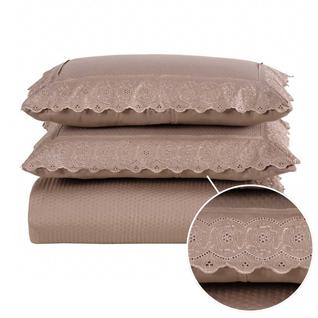 Kit Colcha Cobre Leito cama Queen super 3 peças percal 300 Fios com Bordado Ingles rosa ci