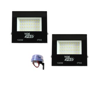 Kit com 02-refletores led holofote 100w + 01-relé fotocélula acende a noite e apaga de dia