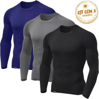 Kit com 3 Camisetas Masculinas Térmica Segunda Pele com Proteção UV Tecido Gelado Contra o