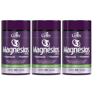Kit Com 3 Magnésio Malato Triplo Malato, Quelato e Cloreto de Magnésio P.A 60 Caps Celliv