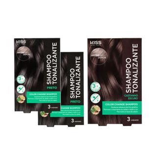 Kit com 3 Shampoos Tonalizantes Color Change 02 Preto + 01 Castanho Escuro - Kiss New York