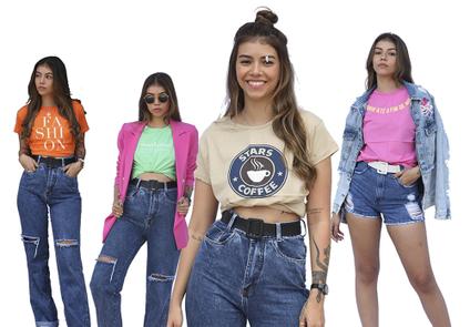 KIT com 4 Camisetas femininas estampas e cores variadas.