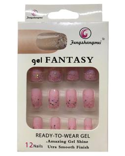 Kit com Peças 12 Unhas Postiças Decoradas Brilho Reutilizável Tamanho Normal Manicure