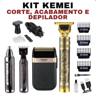 Kit Completo Kemei Versátil: Barbeador Portátil e Aparador Azul