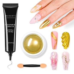 Kit de arte de unhas Makartt 3D Gel com pó de cromo dourado 15g
