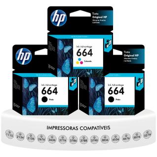 Kit de Cartuchos НР 664 com 2 Pretas e 1 Colorido Originais Deskjet Ink Advantage 1115 213
