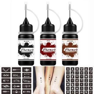 Kit de Tatuagem CHARMARK Tinta Semi Permanente 3 Cores 84 Estênceis