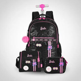 Kit Escolar Mala Barbie Lancheira E Estojo BOX Em Detalhes Paetê Preto Liso