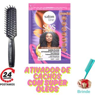 Kit Escova Raquete Vazada Dentes Largos + Ativador de Cachos 30ml Super Óleos Finalização 