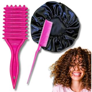 Kit Fitagem Cachos Definidos: Escova, Pente 3 Fileiras e Touca de Cetim Anti-Frizz