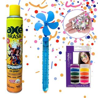 Kit Folia Carnaval Criança Confete, Espuminha Spray, Pintura Color Make e Bolha Sabão Para