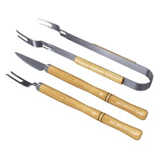 Kit Garfo Faca E Pegador De Aço Inox Com Cabo Madeira Longo Para Churrasco Não Queima A Mã