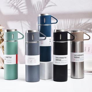 Kit Garrafa Térmica Frasco a Vácuo Inox 500ml + 3 Xícaras Presente Dia Dos Pais