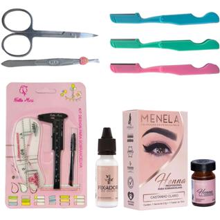 kit henna menela sobrancelha designer profissional pincel duplo navalha pinça tesoura paqu