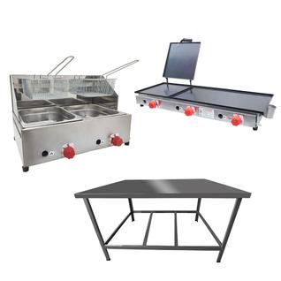 Kit Lanchonete Mesa de Manipulação 100x55cm + Fritadeira a Gás 2 Cuba + Chapa a Gás 90cm A