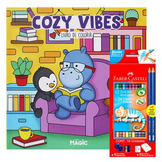 Kit Livro De Colorir Cozy Vibes e Lápis De Cor Faber-Castell Entretenimento Educativo Magi